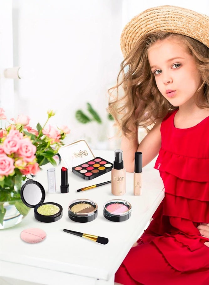 SHABILI 10 PCS Kids Pretend Makeup Kit for Girls, Beauty Playset with Eyeshadow Palette Lipstick Lip Gloss Blush Brushes and Carry Case for Creative Role Play, Fake Play Cosmetics Toy for Kids Age 3 Years+ Birthday Gift (Brown) - Image 3
